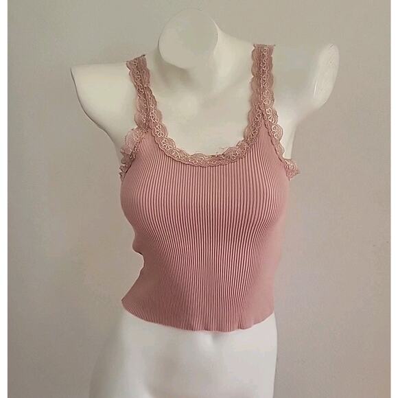 Urban Outfitters Dusty Rose Lace Trim Rib Knit Cropped Tank Top Coquette Retro - Picture 1 of 7